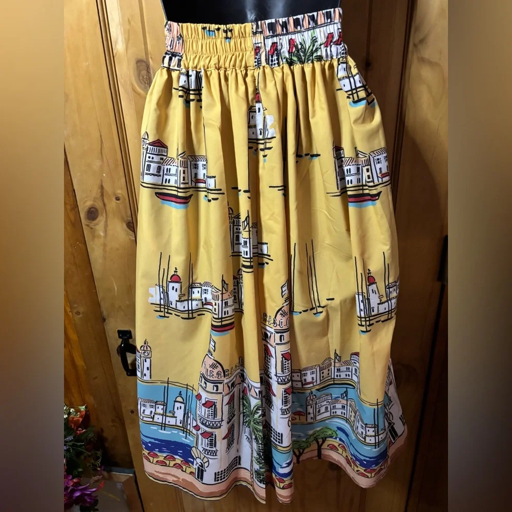 Scenic Print A-Line Skirt in Yellow - Picture 2 of 4